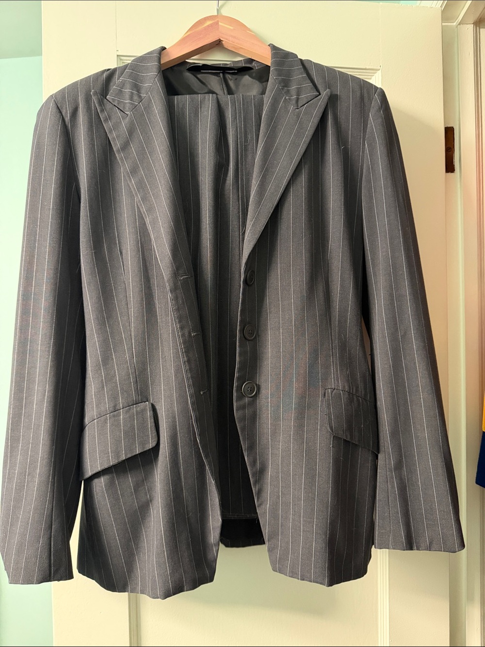 Norma Kamali Classic women’s Charcoal Pinstripe Blazer with matching pants